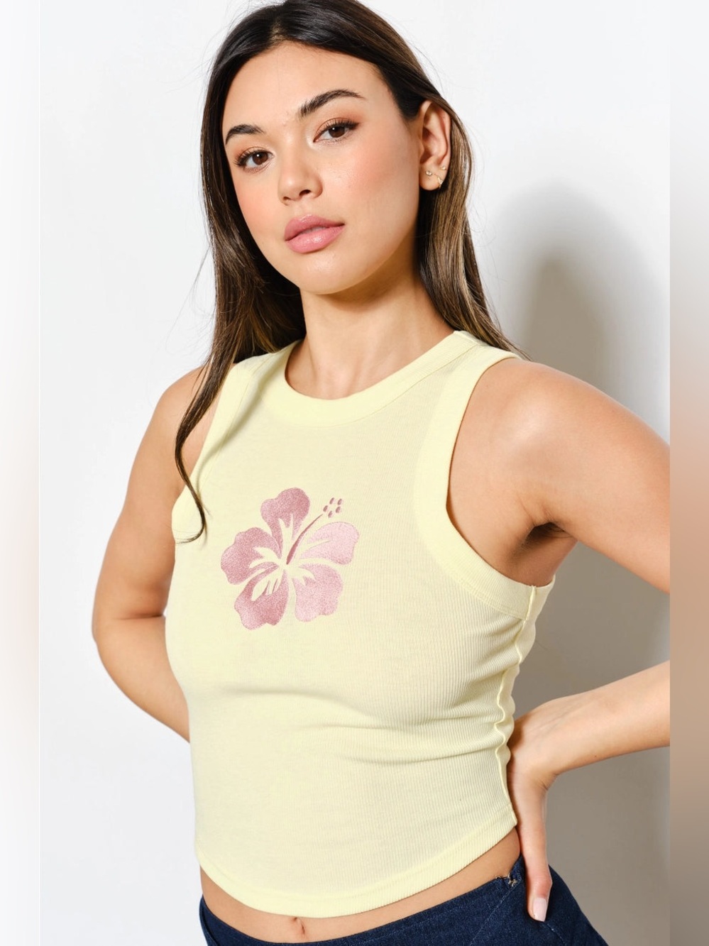 Embroidered Hibiscus Flower Ribbed Tank Top - Pretty Garbage - Picture 5 of 6